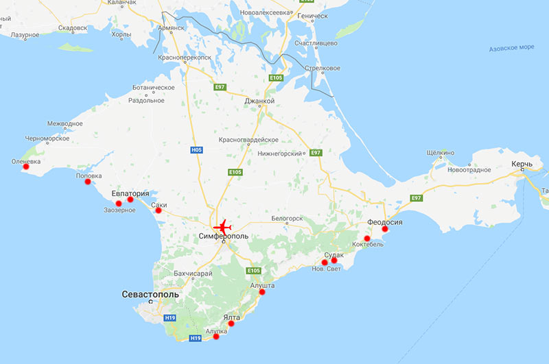 Карта Крыма: основные курорты и аэропорт