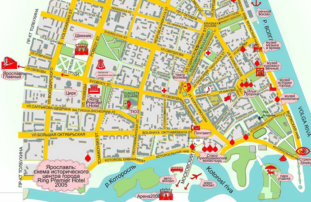 Карта центра Ярославля с достопримечательностями