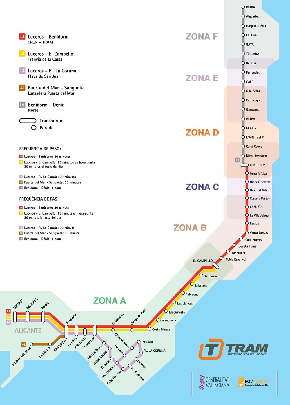 Схема остановок трамвая Аликанте - Бенидорм - Дения