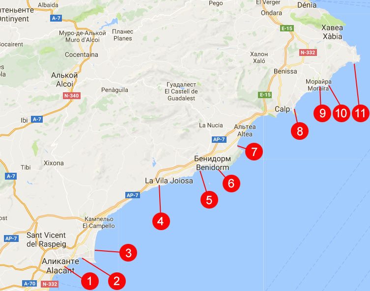 Пляжи Коста Бланки на карте, Испания