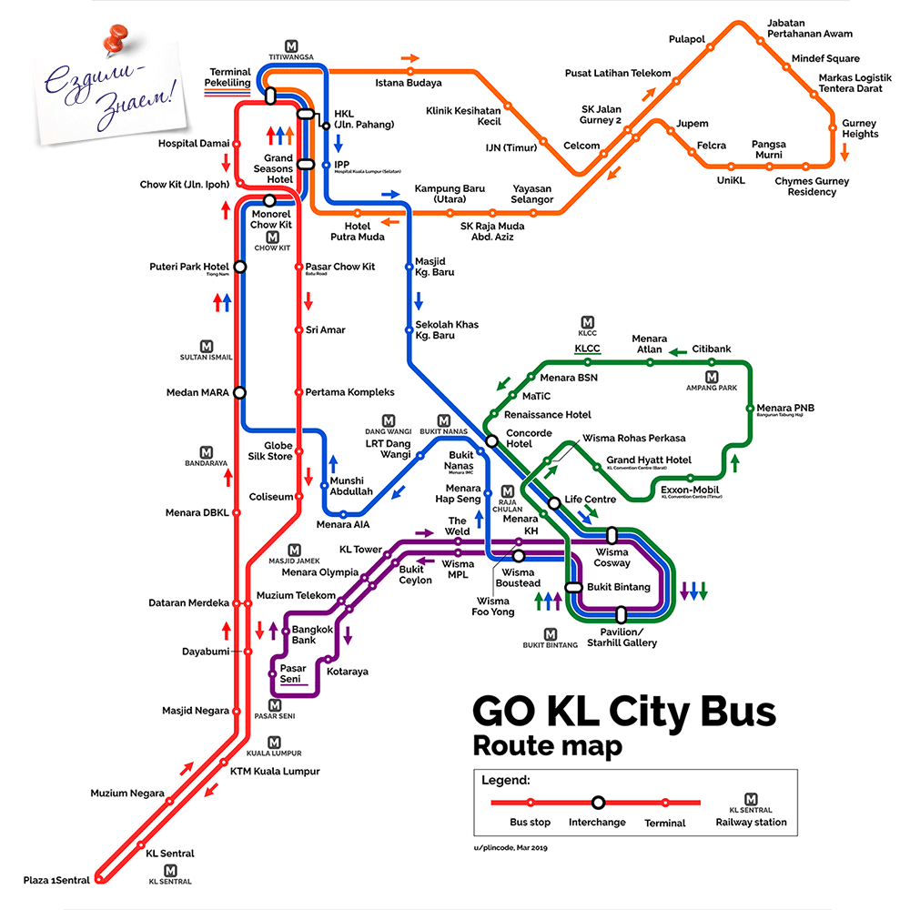 Схема бесплатных автобусов GoKL в Куала Лумпур