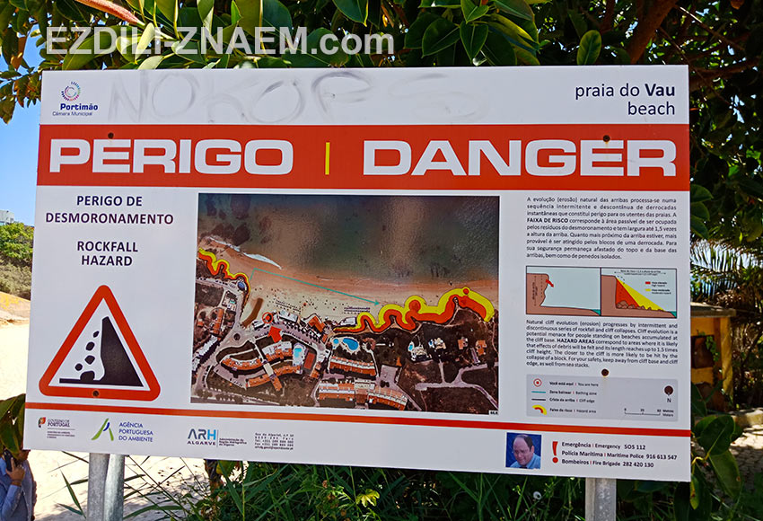 предупреждение для туристов на пляже в Портимао