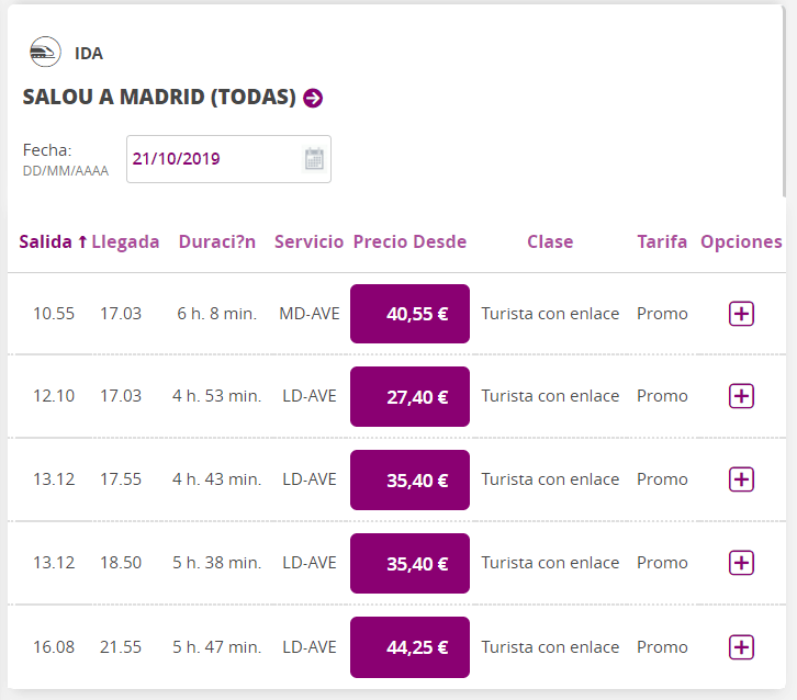 Цены на билеты из Салоу в Мадрид