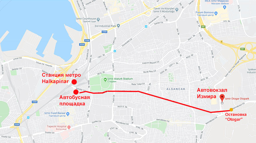 На карте: как добраться до автовокзала в Измире