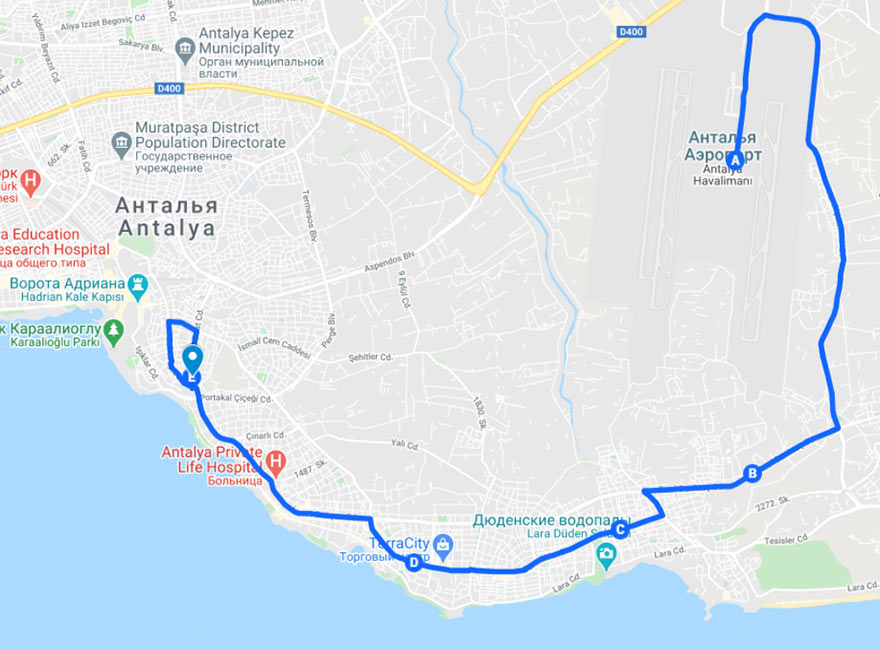 Карта маршрута автобуса 800 из аэропорта в Анталью