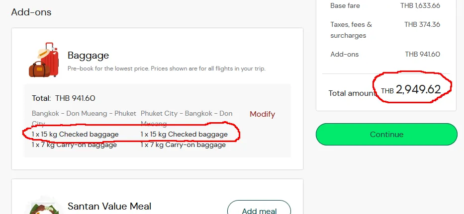 Общая цена авиабилета AirAsia после выбора дополнительного багажа