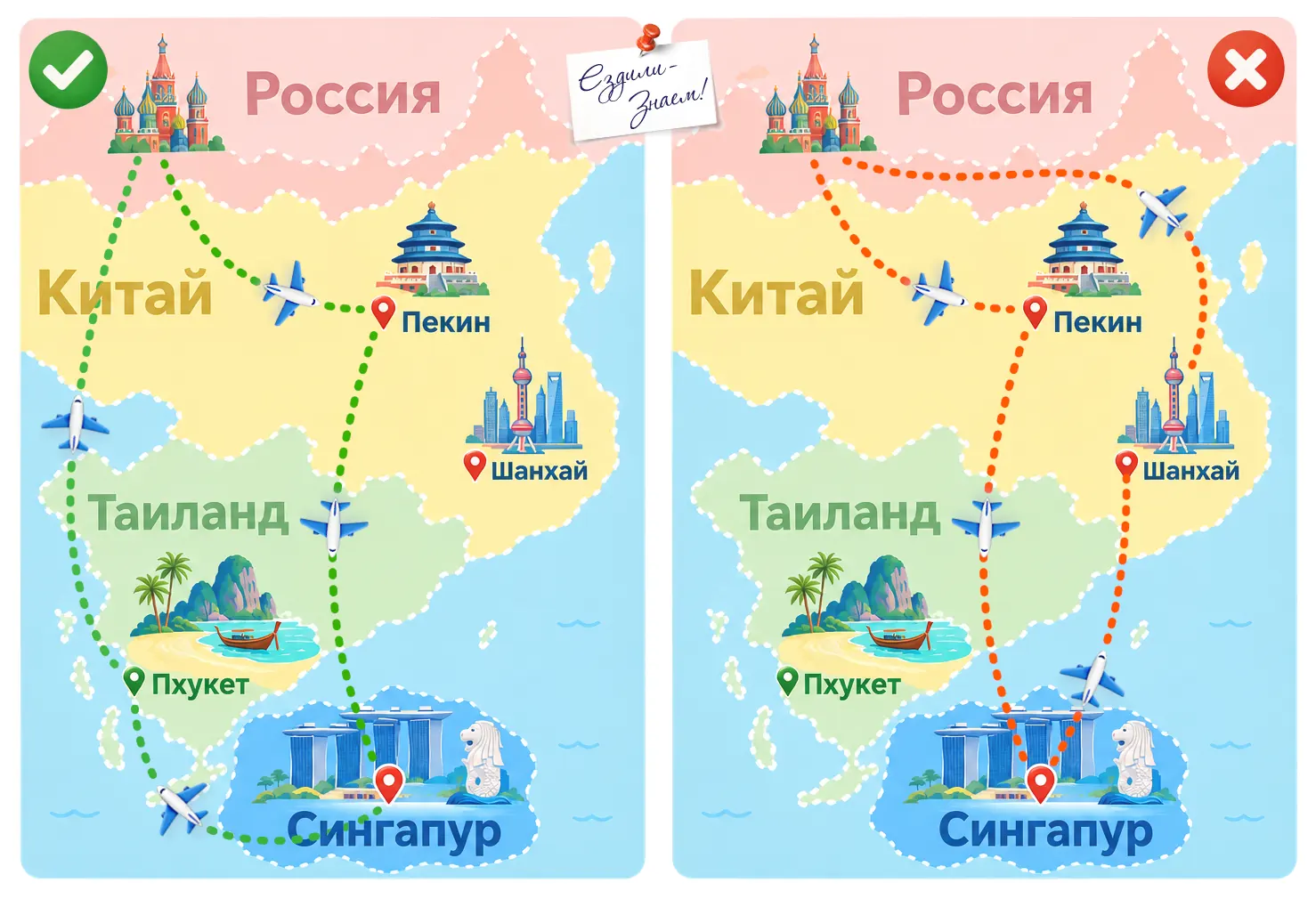 Правило "третьей страны" для безвизового транзита в Сингапур, схемы перелетов. 