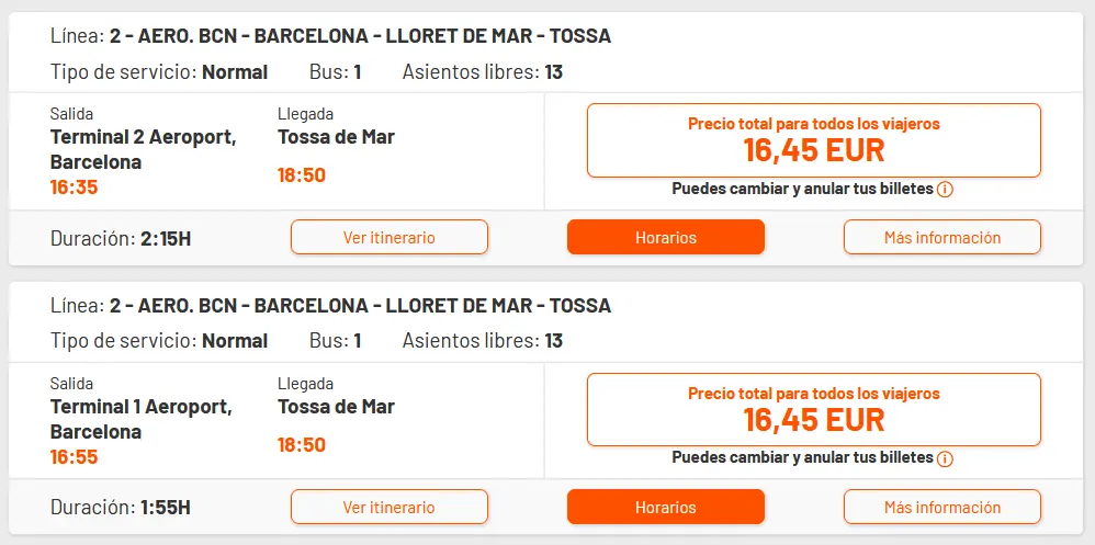Расписание и цены на автобус из аэропорта Барселоны в Тосса де Мар