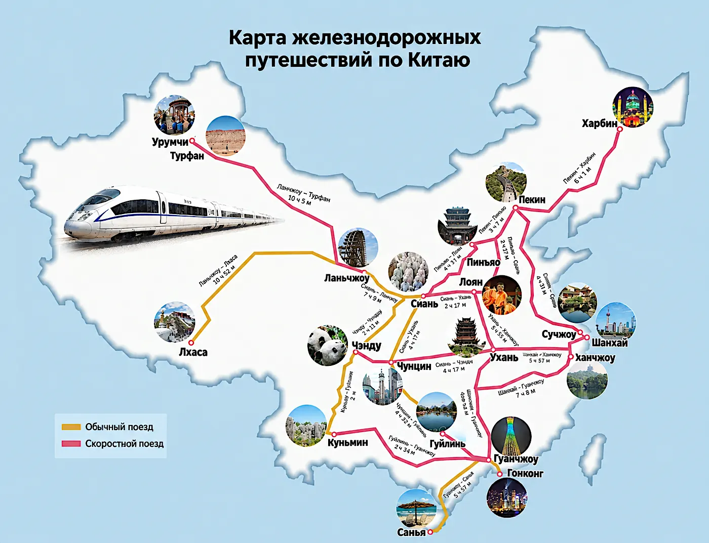 Карта основных железнодорожных маршрутов Китая. Куда можно поехать на поезде.