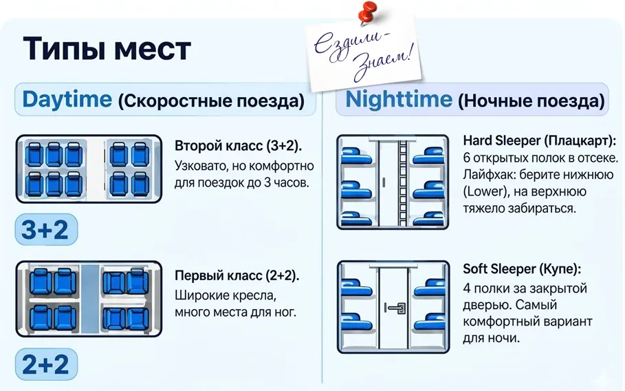 Какие бывают места в вагонах. Ночные и дневные поезда в Китае